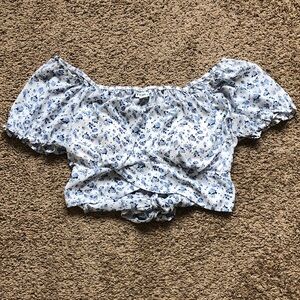 Blue Floral Off-Shoulder Crop Blouse